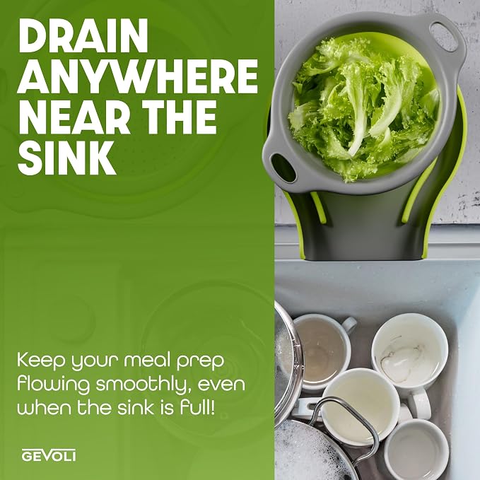 Gevoli 3-Pack Collapsible Colanders with Self-Draining Base, Over Sink-edge Silicone Food Strainers, Small/Med/Large Sizes, Nesting for Easy Compact Storage (3Qt, 4Qt, 5-Quart Set) Green/Gray