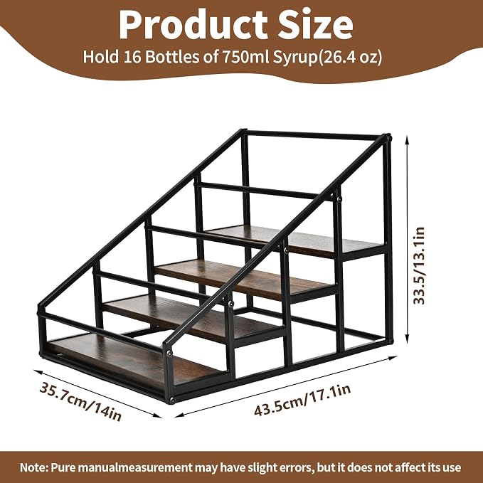 YQBRAO 2-Pack 4-Tier Coffee Syrup Organizer, 32-Bottle Total, Brown | Two racks hold up to 32 bottles total with stepped visibility for large coffee bars, kitchens, and beverage stations.