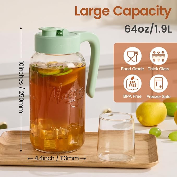 Mason Jar Pitcher with Tea Filter, 64 oz Glass Pitcher with Lid | Airtight, Leakproof, Pour Spout Lid, Ergonomic Handle, Fridge Safe, for Outside, Sun Tea, Lemonade, iced Tea