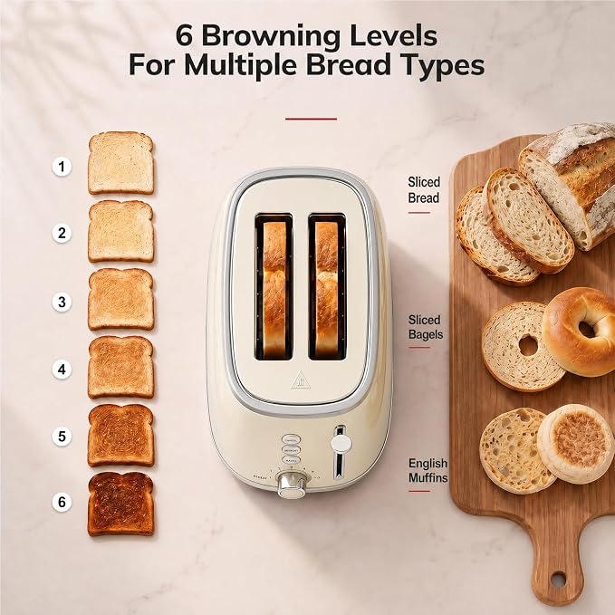 Toasters 2 Slice Retro Stainless Steel Toasters with Bagel, Cancel, Defrost Function and 6 Bread Shade Settings Bagel Toaster, Beige