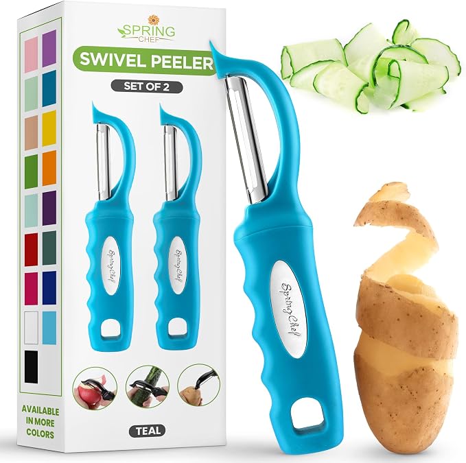 Spring Chef Swivel Vegetable Peeler with Soft Grip Handle, Set of 2, Teal | Premium Potato Peeler w/ Ultra Sharp Stainless Steel Blades, Multifunctional Veggie Peeler for Apple, Carrot, Cucumber, Fruit