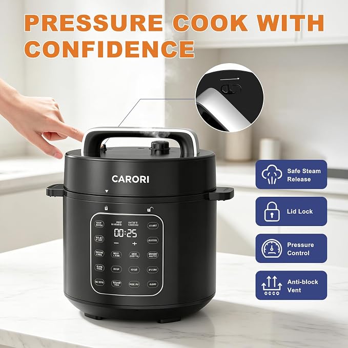 CARORI 6 Qt Electric Pressure Cooker, 9-in-1 Multi-Cooker with 2 Inner Pots, 6 Qt Stainless Steel Pot and 5 Qt Ceramic Nonstick Pot, 12 Presets, IMD Touchscreen, Black