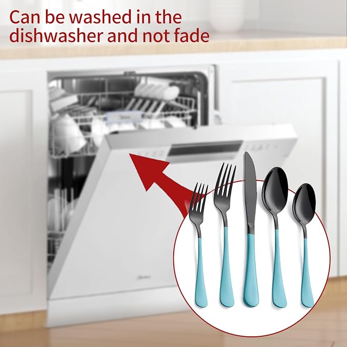 20-Piece Lake Blue Silverware Set 18/0 Stainless Steel Black Silverware Set Lake Blue Handle Cutlery Black Set Service for 4 Dinner Knives Forks Spoons Flatware Set Dishwasher Safe