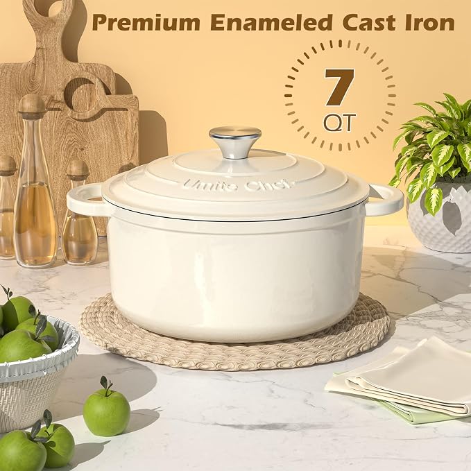 Umite Chef Enameled Cast Iron Dutch Oven-7QT Pot with Lid Cookbook & Cotton, Heavy-Duty Cookware for for Bread Baking, Braising, Stews, Marinate, Cook(Cream White)