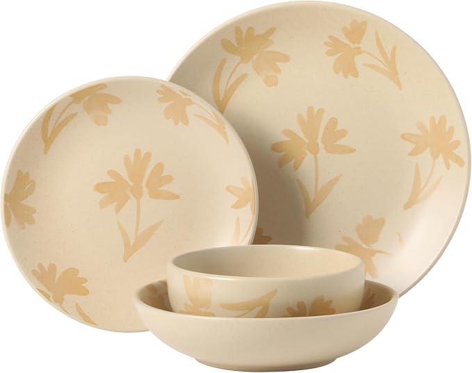 Gibson Home Admiral Hall Plates and Bowls Set, 16-Piece Floral Dinnerware Set, Cream Stoneware Dish Set, Dinner Plates, Salad Plates, Pasta Bowls & Cereal Bowls