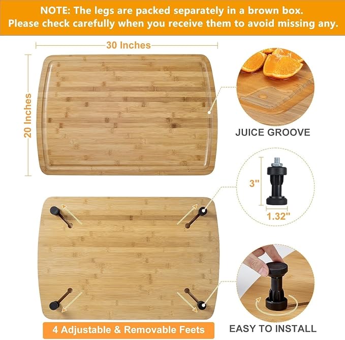 30" X 20" Bamboo Noodle Board Stove Cover: Removable Legs, Multi-Functional Countertop Cutting Board - Thickened Stovetop Cover for Electric/Gas Stoves, RV & Sink (Deep Grooves, Non-Slip)