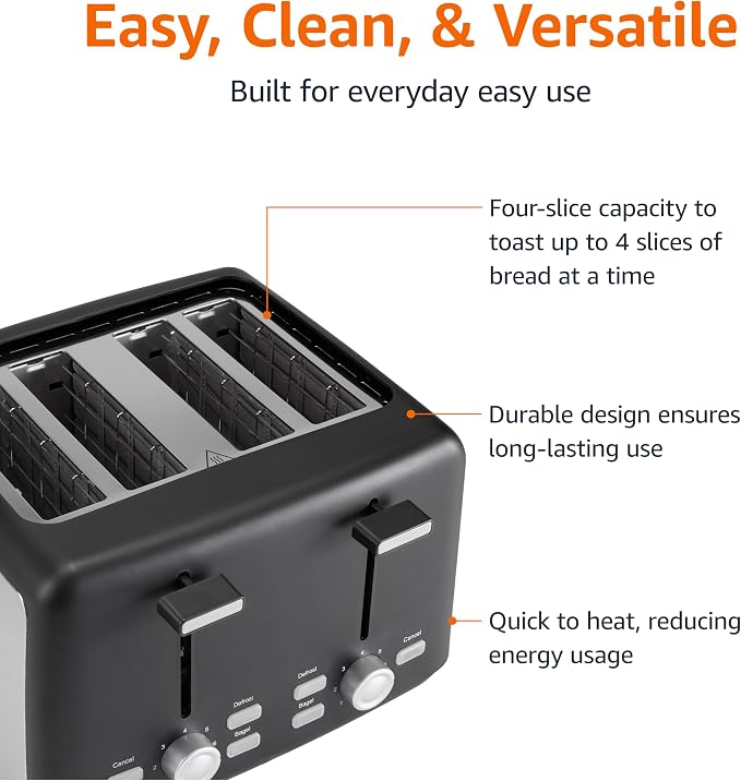 Amazon Basics 4 Slice Toaster, 7 Browning Settings, Extra Wide Slots for Bagels and Specialty Breads, Removable Crumb Tray, Cancel/Defrost/Bagel Buttons, 1500W, Black & Silver