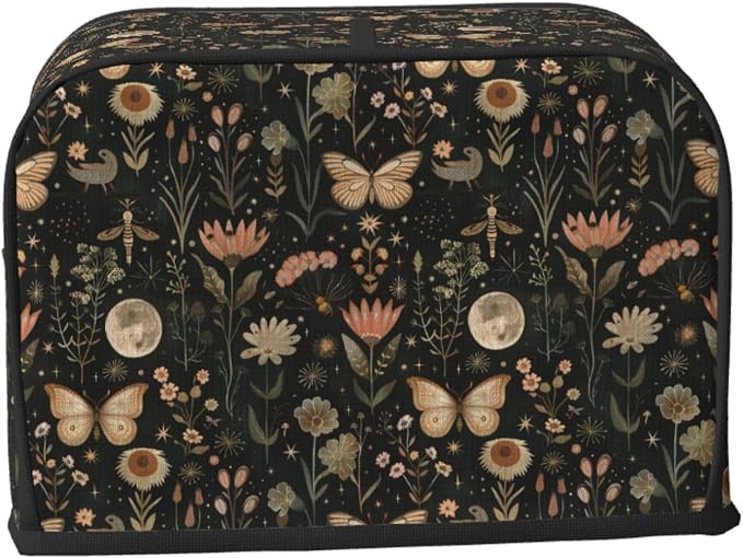 2 Slice Toaster Cover Vintage Butterfly Moon Flower Dust Proof Washable Kitchen Appliance Cover with Pocket, Oxford Fabric Countertop Toaster Protector for Standard Toasters Small Appliances