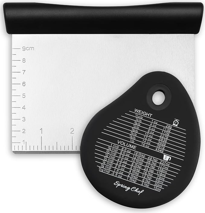 Spring Chef Stainless Steel Bench Scraper & Bowl Scraper Set for Baking | Heavy Duty Dough Cutter Tool & Bowl Pastry Scraper with Measurements for Pizza, Bread, Pastries, Sourdough, Black