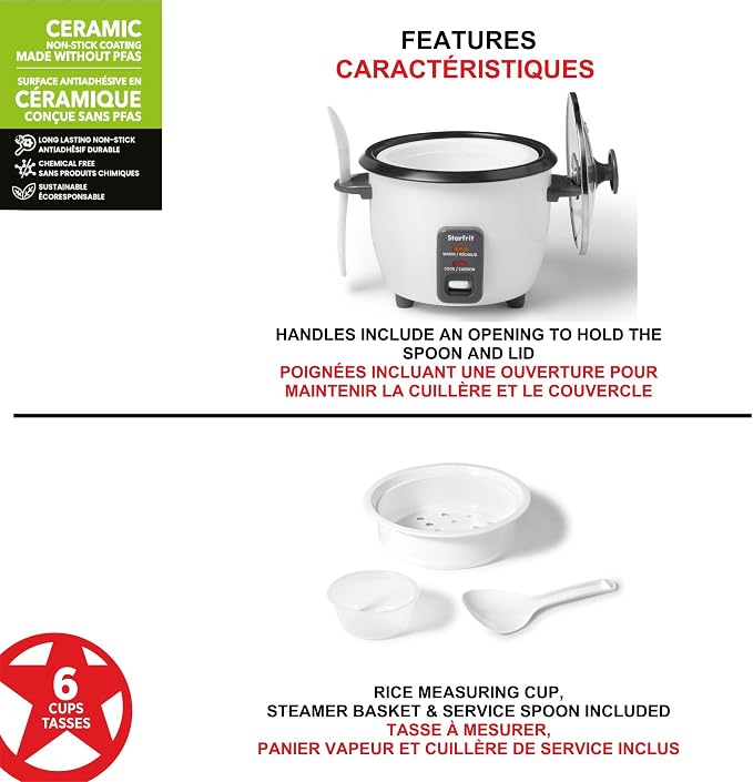 Starfrit Electric Rice Cooker, 6 Cups, Ceramic Nonstick, 300W | Makes up to 6 cups. Cook & keep warm. Ceramic nonstick pot. Steamer basket included. 300W performance.