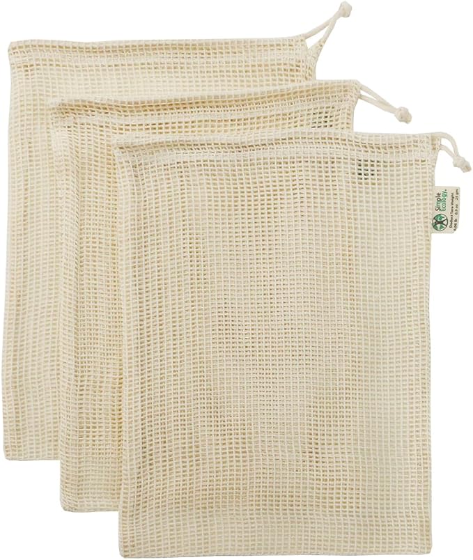 Reusable Produce Shopping and Storage Bags, Drawstring, Washable Organic Cotton Mesh, Medium 3 pack