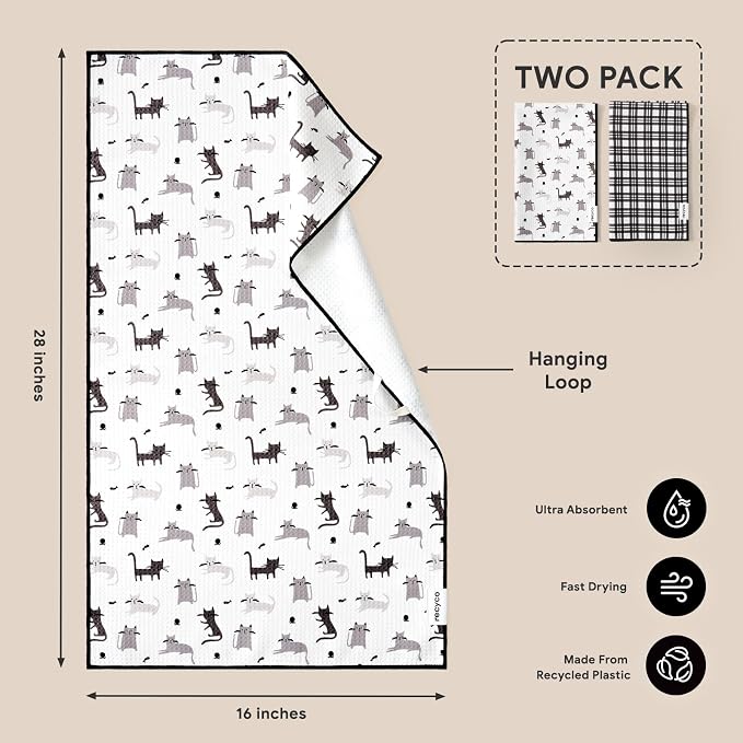 RECYCO Waffle Kitchen Towel Set of 2 - Quick Dry Microfiber Sustainable Dish Towels - Absorbent Reusable Cleaning Tea Towels - Lightweight Hand Towels,16”x 28”, Shadow Meow