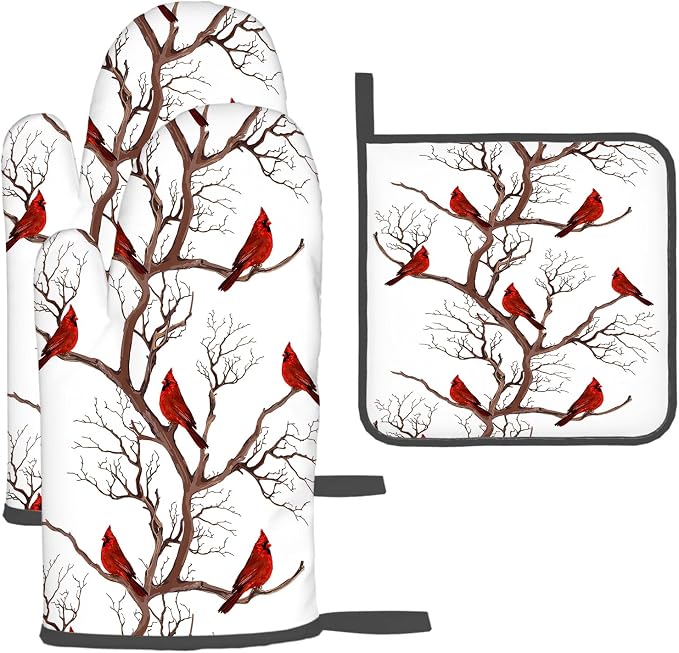 Winter Cardinal Birds Oven Mitts and Pot Holders Sets of 3 Hot Pads | Heat Resistant Washable Oven Gloves for Cooking Grilling Baking Christmas Holiday Kitchen Decor Cardinal Gifts for Women