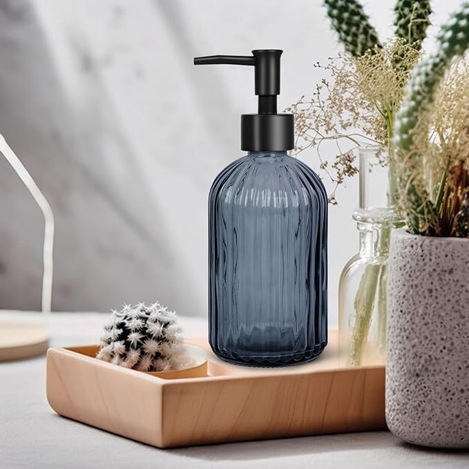 Topsky Stripe Glass Soap Dispenser with Black Plastic Pump, 400ml Liquid Hand Soap Dispenser, Rustproof Pump for Kitchen & Bathroom, Great for Lotions, Essential Oil, Liquid Soaps- (Grayish Blue)