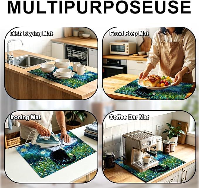 Black Cat Night Sky Stove Top Cover 28.35x20.47 in Non Slip | Heat Resistant Cooktop Protector Mat with Non-Slip Backing, Scratch Protection and Countertop Drying Mat.