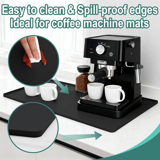 Silicone Coffee Mat 24 x 16 in Classic Black | Coffee bar mat for countertop use, coffee station mat or coffee machine mat with removable tray