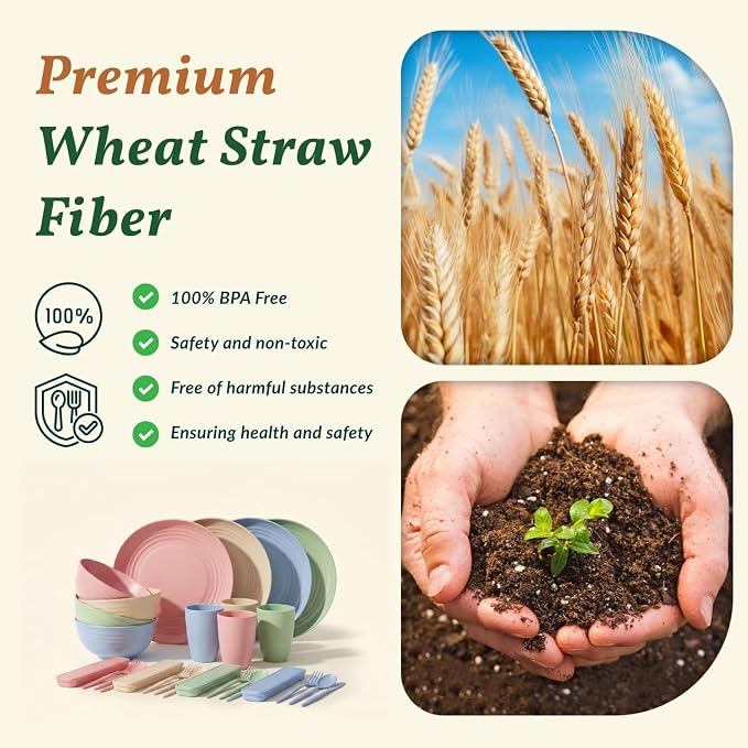 28 PCS Wheat Straw Dinnerware Sets Unbreakable Kitchen Plates and Bowls Set Camping Dish Set for 4 - Dinner Plates, Cereal Bowls, Travel Utensils Microwave & Dishwasher Safe (LightMulti)