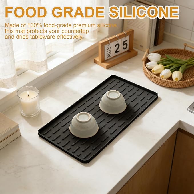 Silicone Coffee Mat 16 x 7 in Classic Black | Coffee bar mat for countertop use Heat-Resistant,Eco-friendly,Hygienic Drying Pad,Leak-Proof and Non-Slip