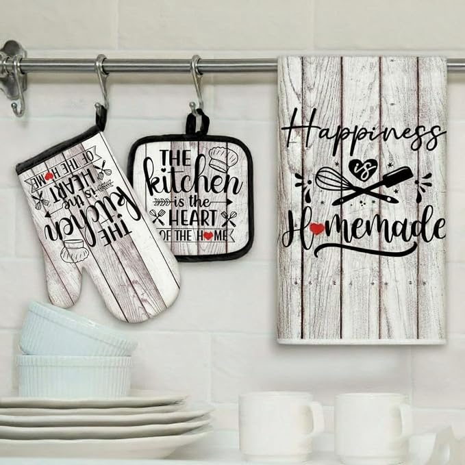 Sratte 6 Pcs Kitchen Decor Accessories Set, Kitchen, White Wood Grain | Farmhouse Kitchen Towels Pot Holders Oven Mitts Set 2 Dish Towels 2 Potholders 2 Cooking Mittens for Baking Cooking Supply