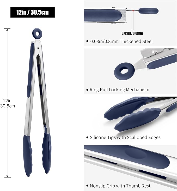 Doosu Kitchen Tongs with Silicone Tips for Cooking Serving (12in, Navy) | 600°F Heat Resistant Food Tong, Heavy Duty Stainless Steel Locking Tong for BBQ, Grilling Steak, Salad, Toast, Pasta