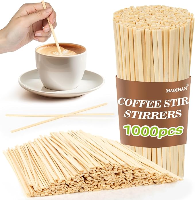 MAQIHAN 1000pcs Wooden Coffee Stirrers - Coffee Stir Sticks Disposable | Bamboo Swizzle Stick for Beverage, Coffee, Hot Chocolate, Milk, Juice, Cocktail, Party Drink Stirring, Coffee Bar Need, 5.5''