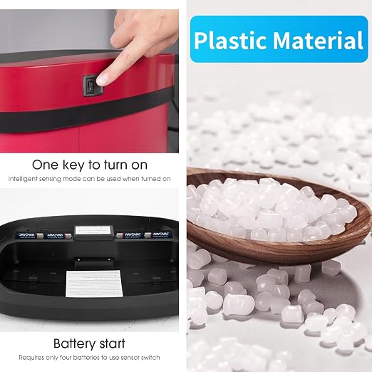 BestOffice | 13 Gallon Plastic Trash Can with Lid | Red | Automatic Touchless Garbage Can | Odor Control | Modern Oval Design | Easy to Clean | For Kitchen, Bathroom, Office or Home
