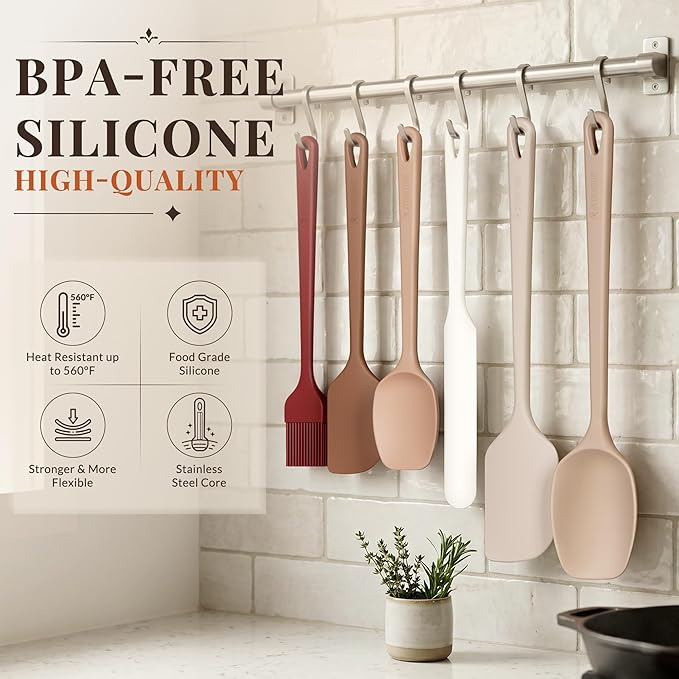 Astercook 6-Piece Silicone Spatula Set, 560°F Heat Resistant Rubber Spatulas with Stainless Steel Core, Nonstick Safe & Dishwasher Safe Baking Spatula Set for Cooking & Mixing, Macaron Pastel Colors