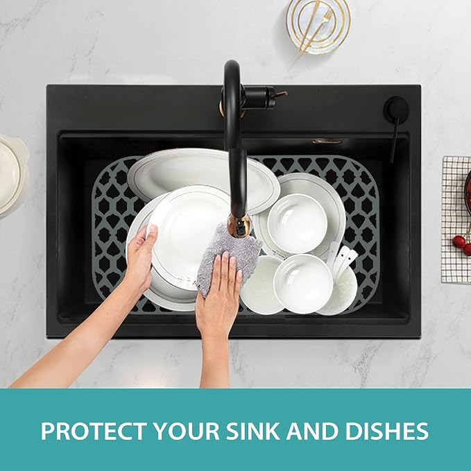 Silicone Kitchen Sink Protectors Mats - 12" 13" 14" 16" 18" 19" 21" 22" 24" 25" 26" 28" 30", Heat Resistant, Machine-wash(22”x13”, Rear Drain)