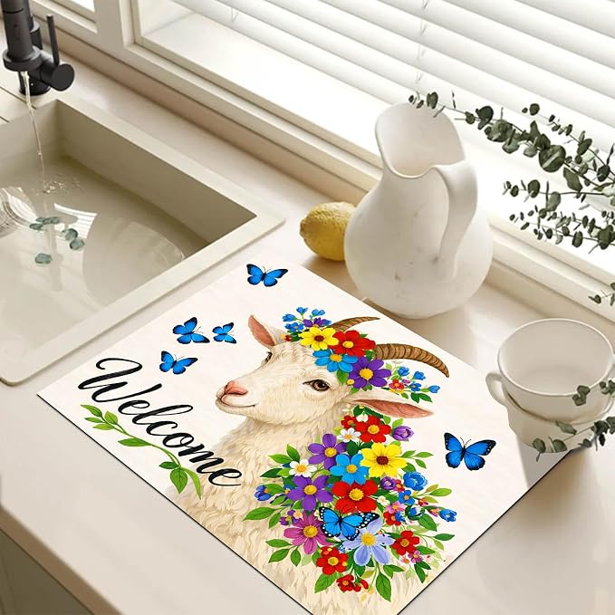 HOMETITUTE Spring Stove Top Cover 28x20 Welcome Goat Floral Heat Resistant