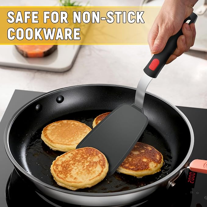 Flexible Silicone Spatula Turner, Heat Resistant Silicone Turner for Non-Stick Cookware, BPA-Free Food Grade Kitchen Spatula Utensils, Ideal for Flipping Eggs, Burgers, Pancakes, 11.8 x 2.4 in, Black