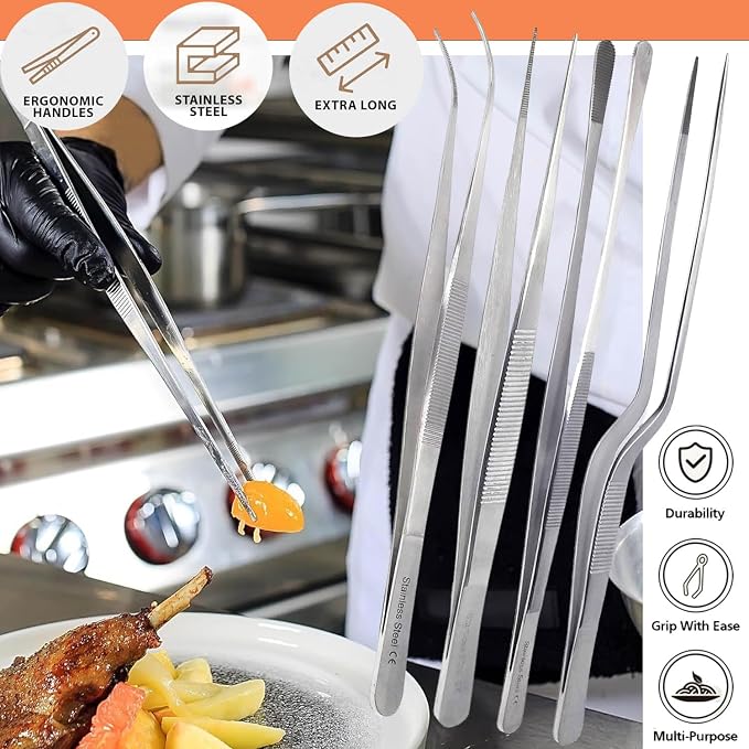 Professional Culinary Stainless Steel Precision Tongs with Serrated Tips, Plating/Food Presentation Detailing Serving Tongs, Chef's Kitchen Tweezer Tongs - Ultra Non-Slip Grip (12" 4 PCS)