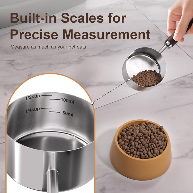 Dog-Cat Food Scoop Measuring-Cup - 1/2 Cup (4 Oz),304 stainless steels,Black walnut long handle…