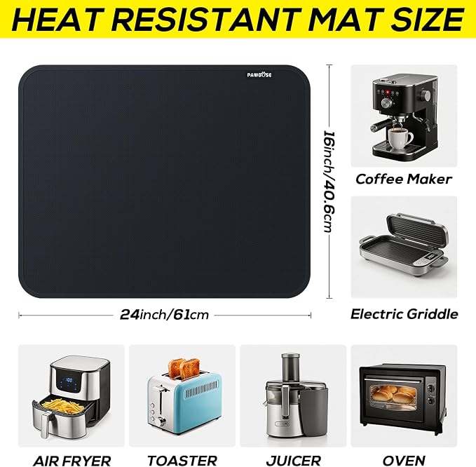 PAWBOSE Heat Resistant Mats for Countertops 16x24 Inch - 2PCS Fireproof Air Fryer Mat, Hot Pad for Ninja, COSORI, Cuisinart, Toaster, Oven & Small Kitchen Appliances - Black