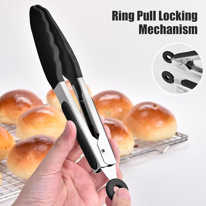 Doosu Kitchen Tongs with Silicone Tips for Cooking Serving (7in, Black) | 600°F Heat Resistant Food Tong, Heavy Duty Stainless Steel Locking Tong for BBQ, Grilling Steak, Salad, Toast, Pasta