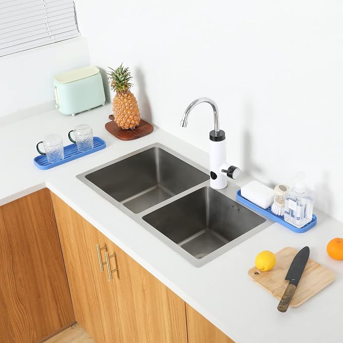 MicoYang Silicone Kitchen Sink Organizer Tray for Multiple Usage,Eco-Friendly Sponges Holder for Kitchen Bathroom Counter or Sink,Dish Soap Dispenser,Scrubber,Bottle,Cup (Lichen Blue, 12"×4")