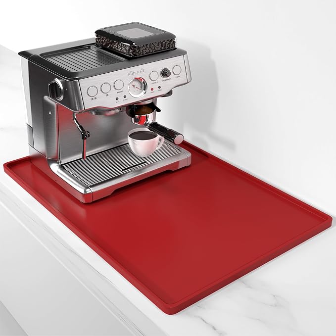 Rnivvi Silicone Coffee Mat, 16" x 24" Waterproof Raised Edge Coffee Bar Mats for Espresso Machine Station Accessories, Heat Resistant Dish Drying Pad for Kitchen Counter, Rubber Bar Decor Pad, Red