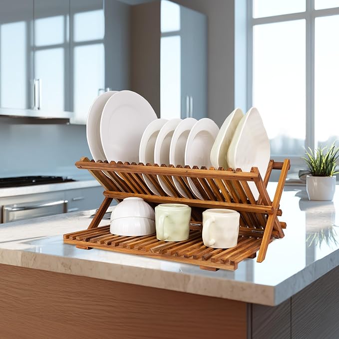 Utoplike Large Teak Dish Drying Rack, Wood Collapsible Organizer for Plates | 3 Tier Kitchen Dish Draine for Countertop, for Pasta Plates, Cups, Pots