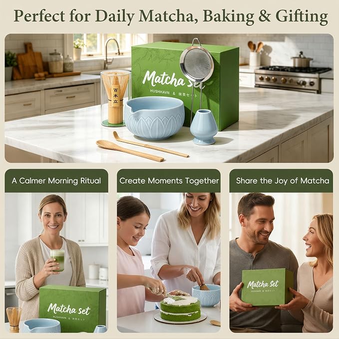 Matcha Whisk Set, Ceramic Matcha Set Includes Bowl & Holder, Bamboo Whisk (Chasen), Scoop, Spoon and Sifter, 6Pcs Matcha Kit Covers Everything Needed for Making Matcha (Leaf Blue)