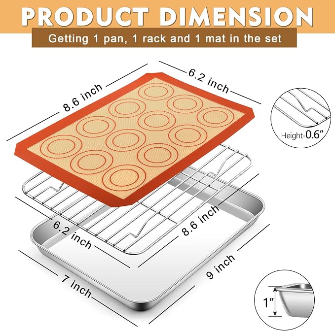 P&P CHEF 9 Inch Baking Sheet Pan Cooling Rack with Mat Set for Cookie | Stainless Steel Cookie Pan with Cooling Rack and Silicone Mat for Baking & Roasting, Oven & Dishwasher Safe, Easy Clean