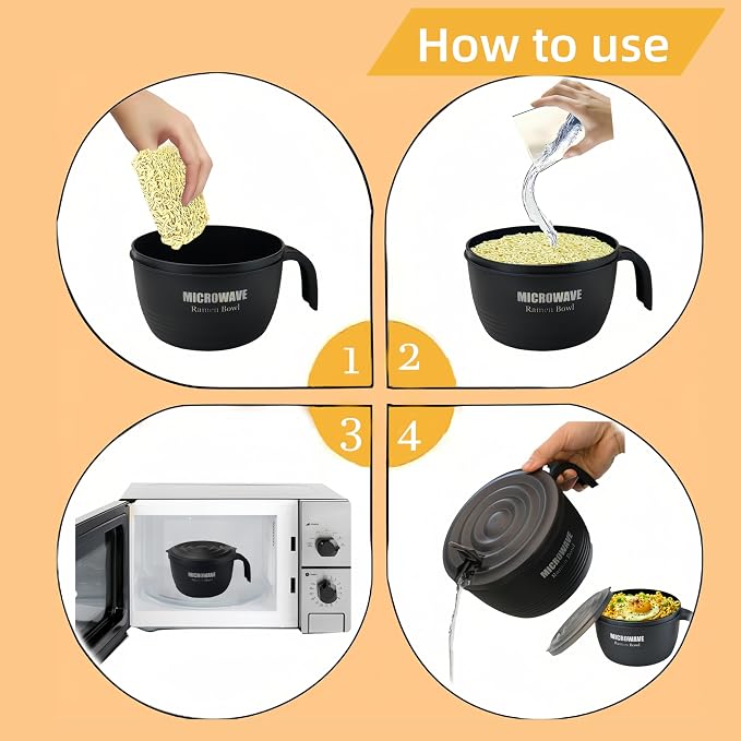 Layron 2 Sets Microwave Ramen Cooker Bowl 45 oz Instant Noodle Bowl with Handles Ramen Noodle Cooker with Spoon Chopsticks Fork Knife College Dorm Room Essentials (Black, Blue)