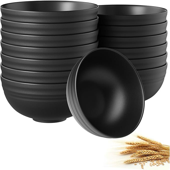Quatish 14 PCS Unbreakable Cereal Bowls,Dishwasher & Microwave Safe Wheat Straw Bowls, Easy-to-Clean Lightweight Desserts & Soup Bowl, Portable for Picnics ，Snack Plastic Bowls Set,Black