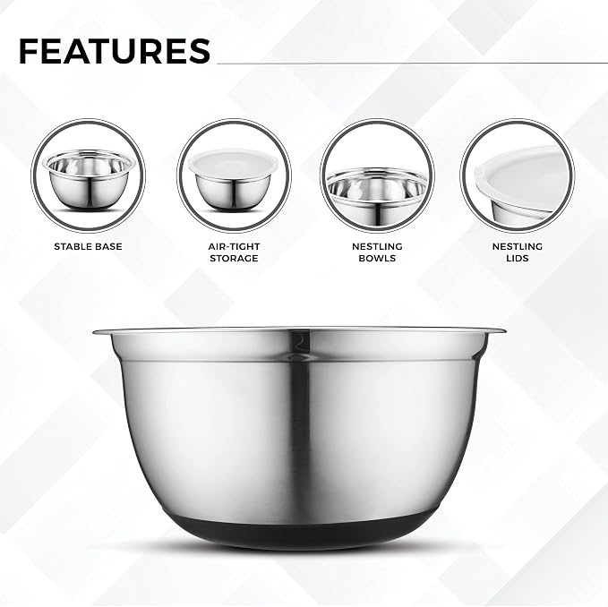 Premium Stainless Steel Mixing Bowls with Lids Non-Slip, Set of 5 Mixing Bowl Set with Silicone Base, Space Saving, Great for Cooking, Baking, Prepping (0.25qt, 1qt, 1.5qt, 3qt, 5qt)