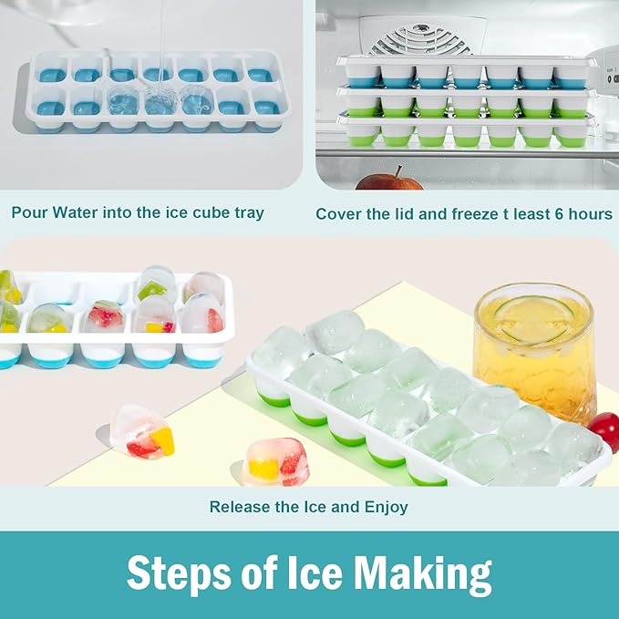 Ice Cube Trays for Freezer - 4 Pack 56 Cubes(1.7" x 1.2"), Easy Release Silicone Bottom+ PP Frame Ice Trays with Spill-Resistant Lids, Stackable, BPA-Free – for Cocktails, Coffee & Everyday Drinks