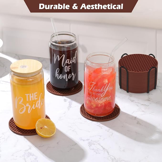 TWTLi Silicone Coasters Set of 8 with Holder — Non-Slip Drink Coasters for Coffee Table, Home Bar & Kitchen, Protects Wood & Marble Surfaces from Water Rings, Dishwasher Safe (Brown)
