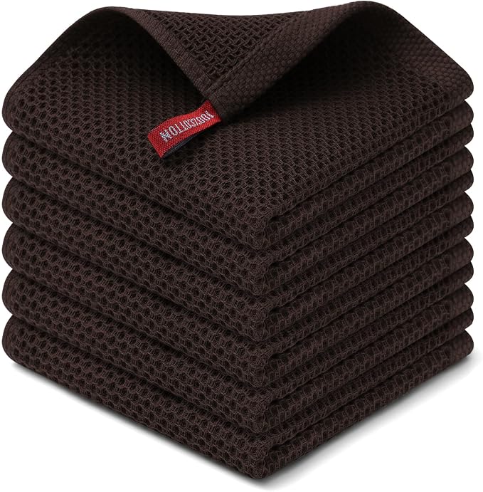 Kitinjoy 100% Cotton Waffle 6-Pack Kitchen Towels, 12" x 12", Dark Brown | Ultra Absorbent, Super Soft, lightweight, Quick Drying Dish Rags for Washing Dishes