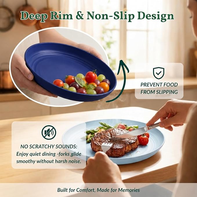 Dessert Plates Set of 8-8 inch Plate Set Wheat Straw Plates for Kitchen Unbreakable Plate for Dessert, Appetizer,Pancakes, Microwave & Dishwasher Safe Kitchen Essentials(Blue Series)