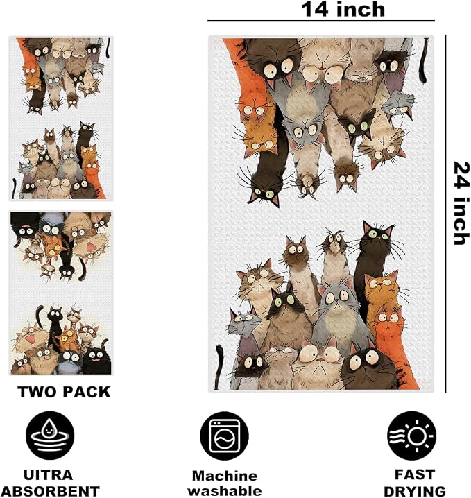 2 Pcs Cute Cat Kitchen Towels, Funny Cats Gifts Absorbent Hand Towels-01 | Cat Dish Cloths for Drying Dishes, Cats Waffle Dish Towels for Kitchen Home Bathroom Decor, Cat Lover Gifts for Women Mom