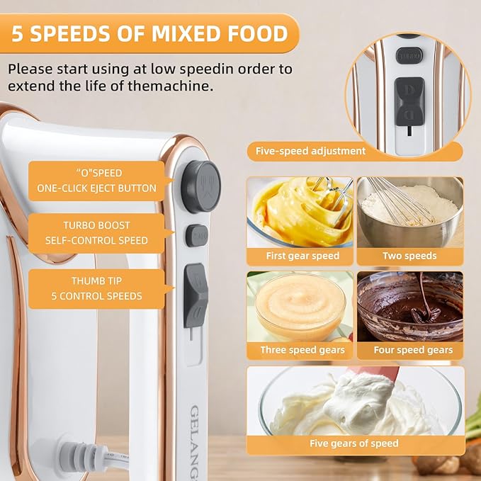 Hand Mixer, 5-Speed Electric with Turbo Boost, White, Copper Motor, 400W, Dishwasher-Safe Attachments for Baking, Whipping, Dough