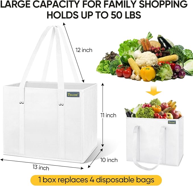BALEINE 3PK Reusable Grocery Bags, Heavy Duty Shopping Tote Bag | 12'' Long Handles, Reinforced Bottom Keeps Upright, Fold Flat Storage, Water-Resistant Shopping Bag, Multiple Color Options