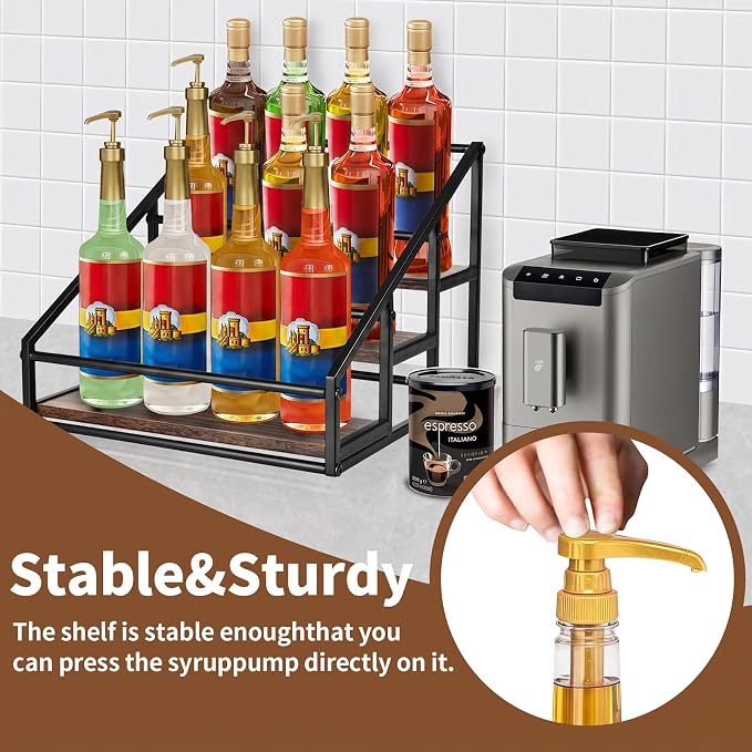 YQBRAO 3-Tier Coffee Syrup Organizer, 12-Bottle Rack, Rustic Brown | Holds up to 12 bottles with stepped visibility and a compact footprint for coffee bars, kitchens, and syrup stations.